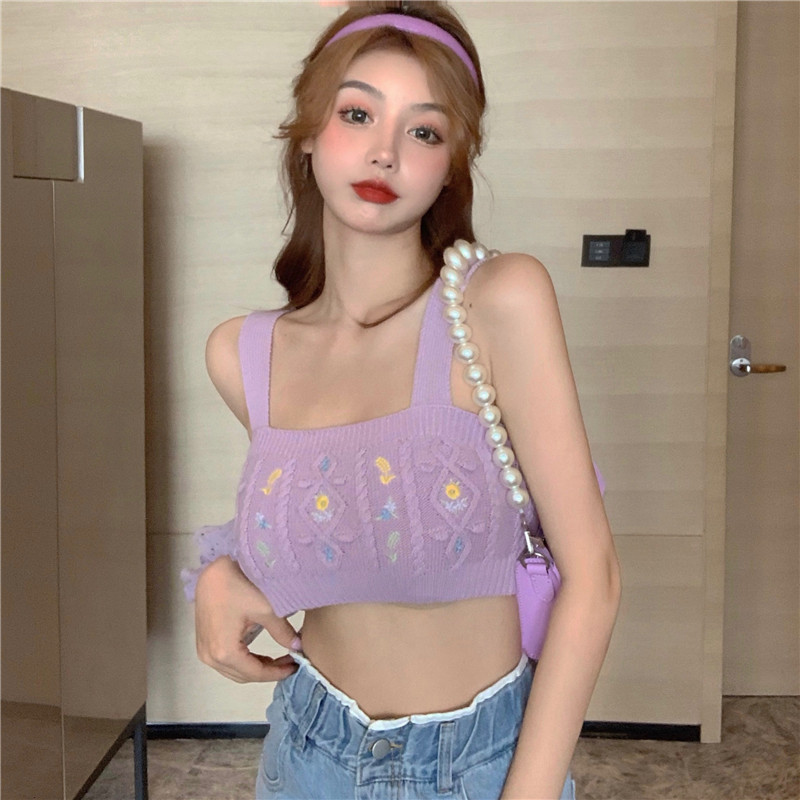 New purple embroidered short knitted top for women