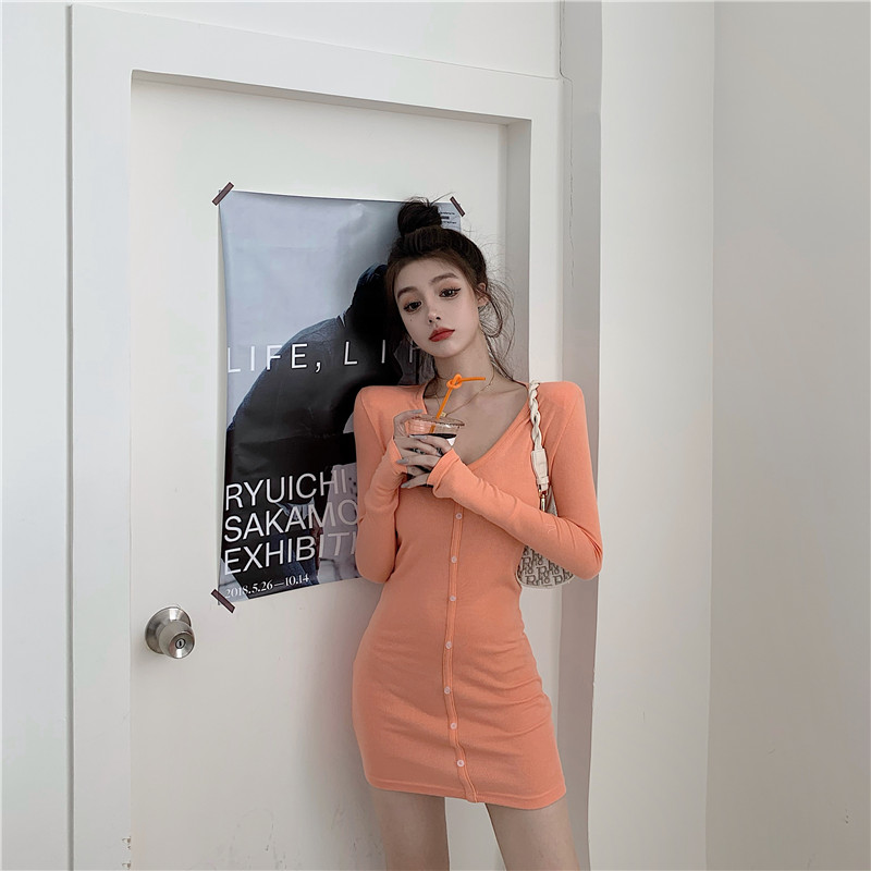 New Korean Style Sexy V-neck single breasted slim dress