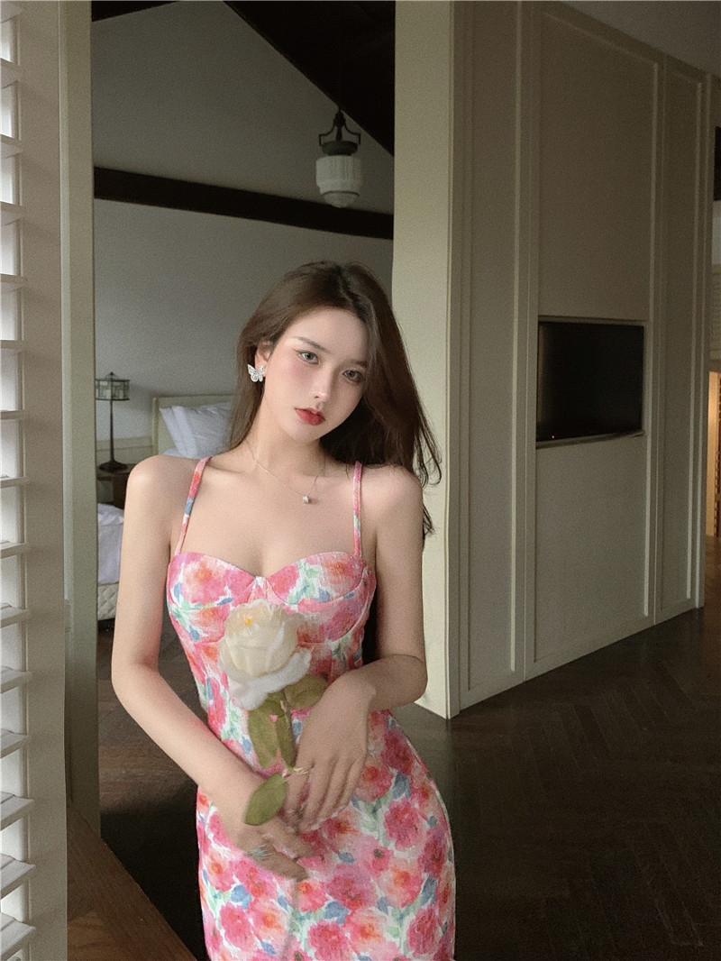 Real shot pure desire sexy gentle elegant retro slim bag hip resort suspender Chiffon Dress print dress