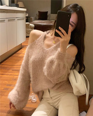 Women's real-time sweaters women's loose outer wear Pullover medium length lazy wind off shoulder soft Knitted Top
