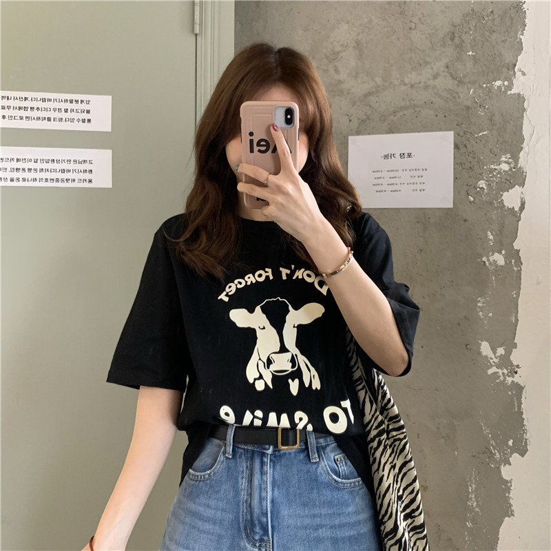 Real time cartoon cattle print short sleeve T-shirt women's art versatile casual thin round neck bottomed T-shirt