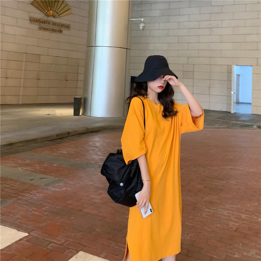 Real shot fried good looking 7-point sleeve round neck loose T-shirt skirt lazy skirt dress base skirt