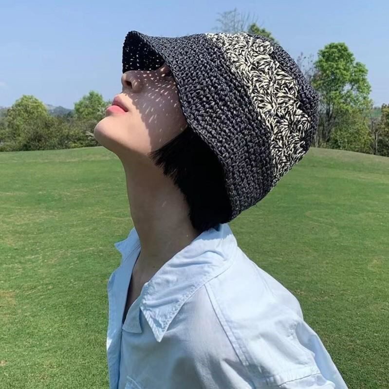 日系编制草帽女春夏花纹手工显脸小遮阳帽度假防晒百搭水桶帽盆帽
