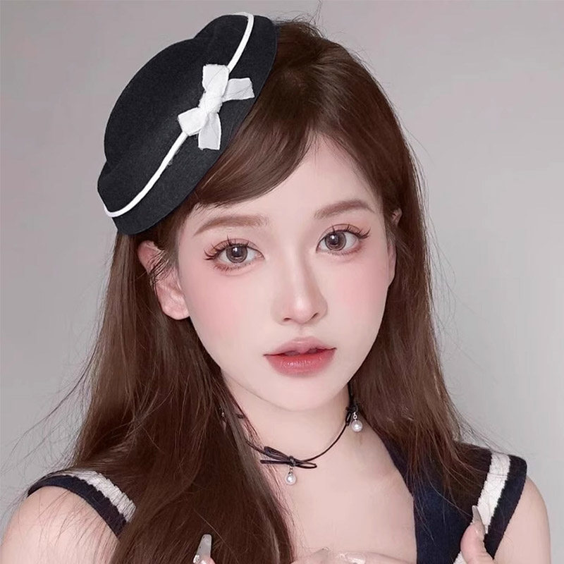 日系蝴蝶结小礼帽女夏英伦海军风水手帽子JK学院风圆顶贝雷帽头饰