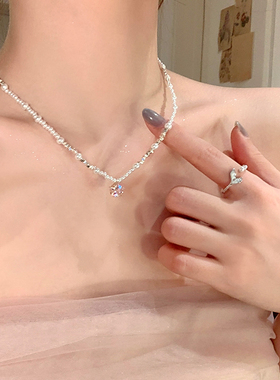韩系粉锆星星碎银子珍珠项链女轻奢小众高级感锁骨链配饰气质颈链