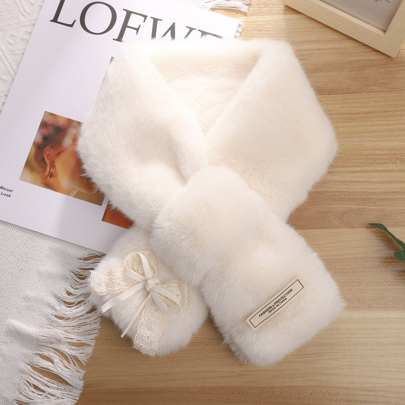 日系甜美蕾丝蝴蝶结毛绒短款交叉围脖女冬季新款加厚保暖护颈围巾