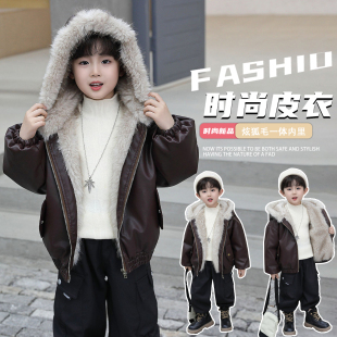 童装男童加绒连帽皮衣外套2025新款宝宝秋冬棉服儿童冬帅气皮夹克