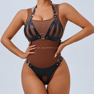 性感黑色皮革镂空文胸衣PU仿皮质挂脖内衣制服两件套装皮内裤开洞