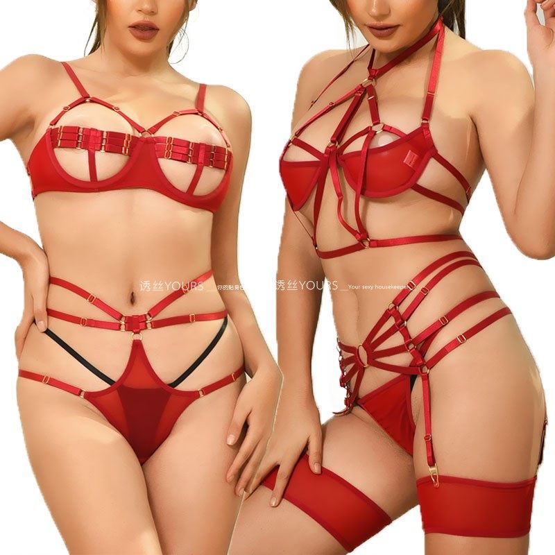 酒红色蕾丝三点绳衣圣诞情趣套装性感网纱拼接弹力镂空束胸绑缚女