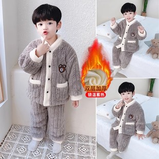 男童睡衣加绒加厚秋冬季珊瑚绒女宝宝洋气家居服法兰绒儿童衣服潮