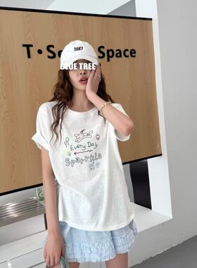 BLUETREE正品2026夏季新款韩版宽松圆领短袖T恤女刺绣卡通上衣潮