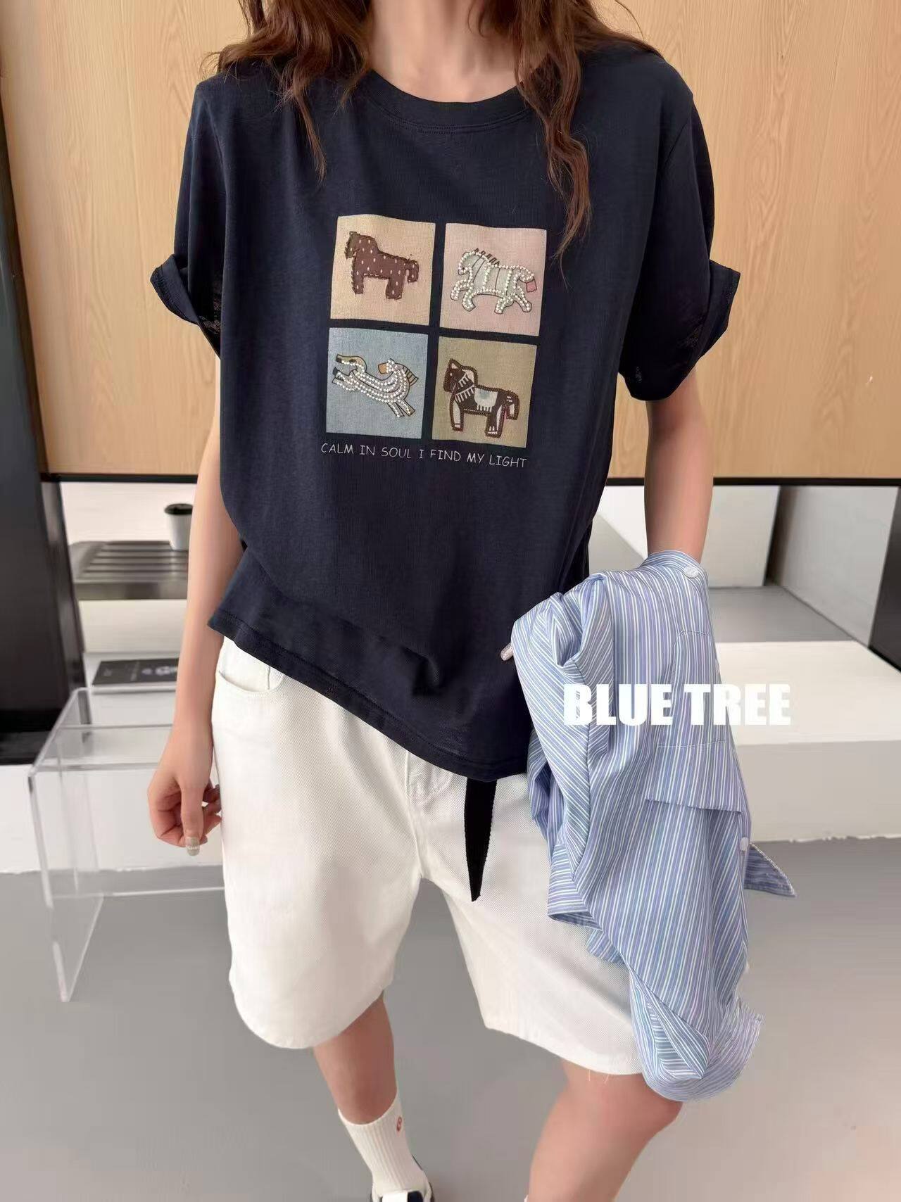 BLUETREE正品2026夏季新款韩版宽松显瘦圆领短袖T恤女刺绣小狗潮