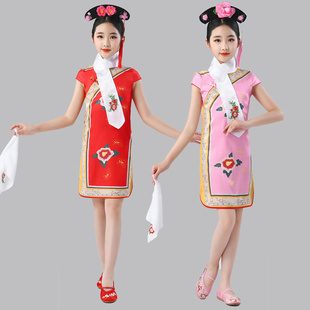 儿童格格服装女童旗袍短袖古装清朝服饰满族服装有一个姑娘演出服
