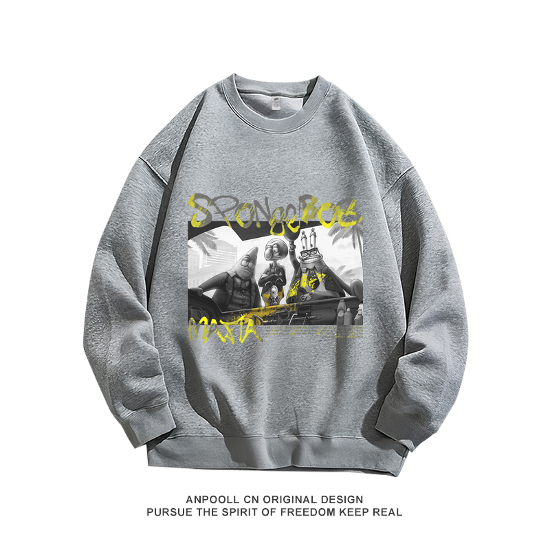 海绵宝宝黑手党卡通复古印花秋季纯棉圆领卫衣服男装宽松休闲学生
