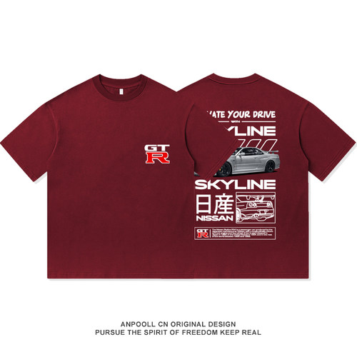 尼桑GTR东瀛战神超跑车JDM改装文化印花纯棉短袖T恤男装宽松衣服