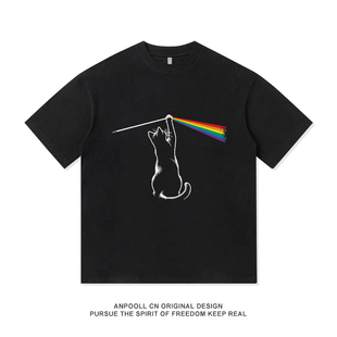 男装 重磅纯棉夏季 T恤美式 平克弗洛伊德猫咪联动摇滚复古印花短袖