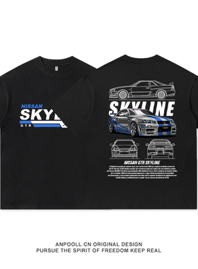 尼桑GTR34天际线JDM改装文化复古印花美式重磅纯棉短袖T恤男装夏