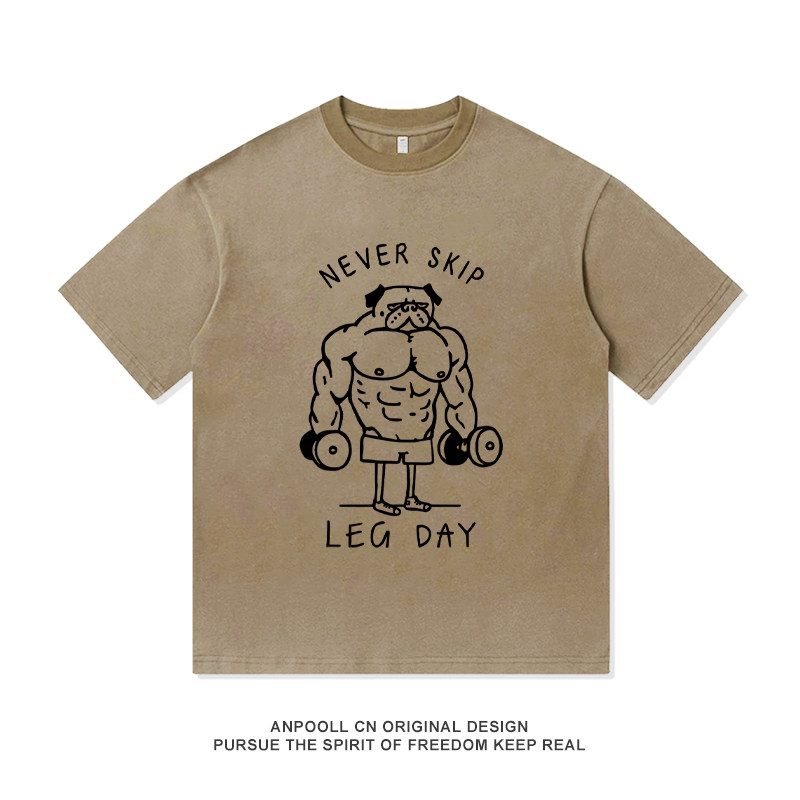 练腿日健身GYM肌肉狗印花宽松短袖T恤衫上衣服纯棉男装女夏季休闲