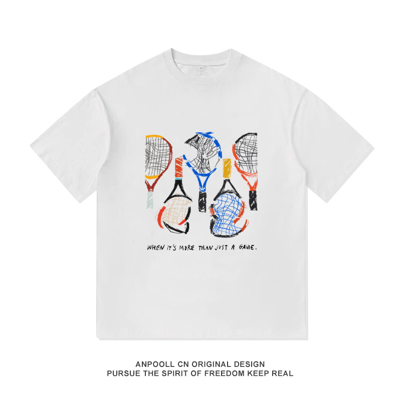 五彩色破网球拍运动文艺卡通趣味纯棉短袖T恤衫上衣服男女宽松潮