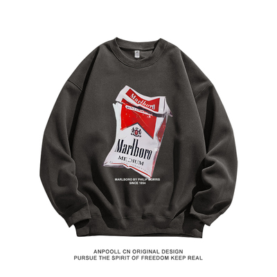 美式纯棉重磅烟盒字母万宝路印花复古长袖T恤圆领卫衣服男装宽松