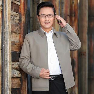 春秋季薄款翻领中年男式夹克中老年休闲男装外套爸爸父亲装上衣