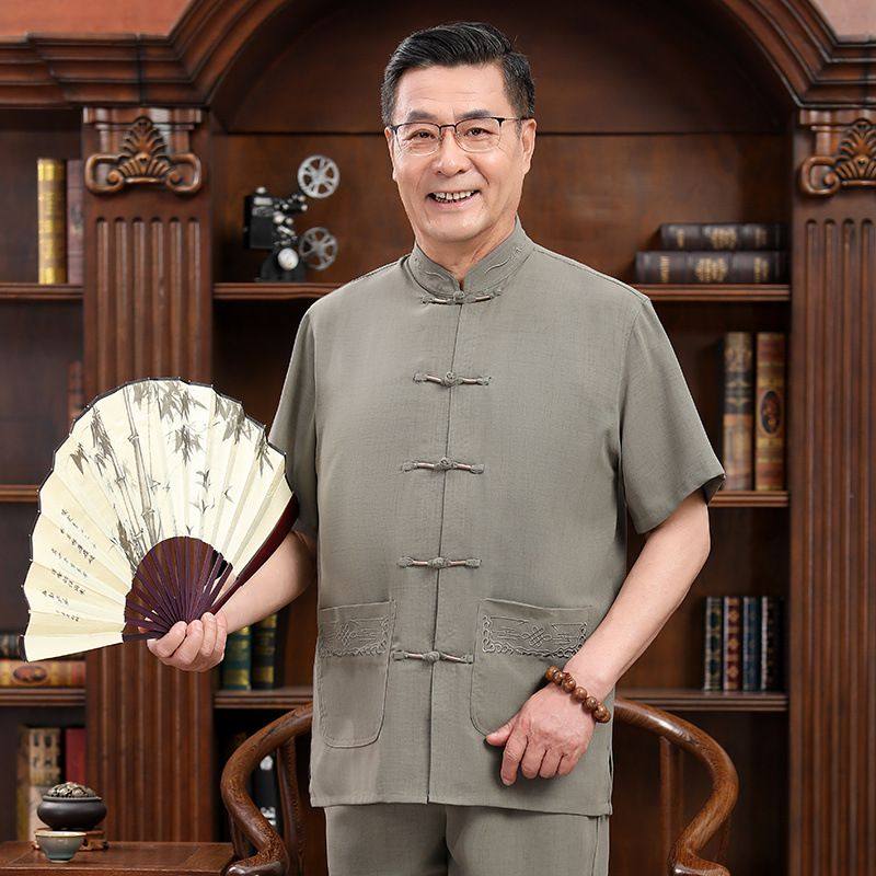 夏装唐装男短袖中式薄款中老年亚麻衬衫男爸爸装棉麻宽松上衣,男装,唐装,淘宝优惠券,粉丝福利购,淘宝优惠卷