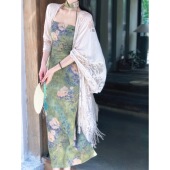 旗袍女复古中国风挂脖连衣裙 古韵绿色绝美清冷新中式 橘里 苏公堤