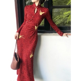 金丝蝴蝶刺绣红色旗袍裙收腰褶皱显瘦连衣裙 新中式 橘里 国风美学