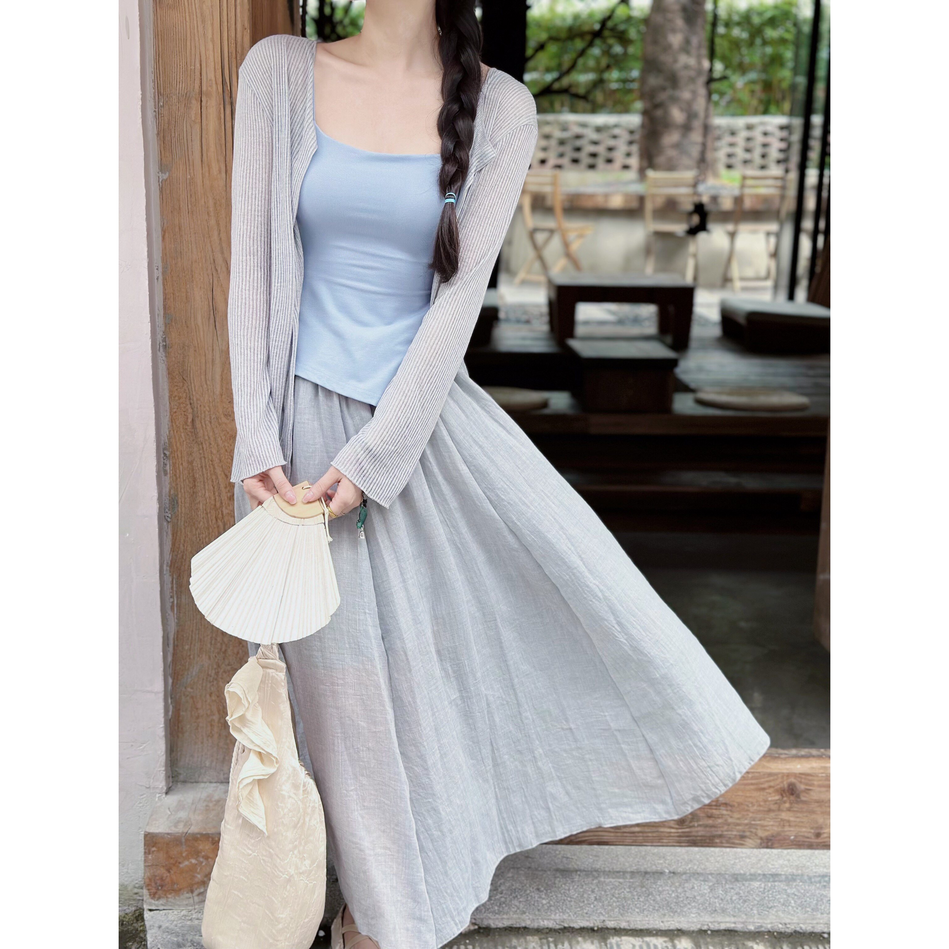 橘里/水冰月/莫兰迪色系雾霾蓝晕染连衣裙夏季温柔风仙女绝美套装