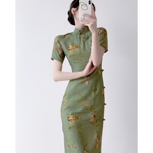 橘里CHIU娉袅古典箬竹显白绿色新中式 国风仕女图旗袍连衣裙2023夏