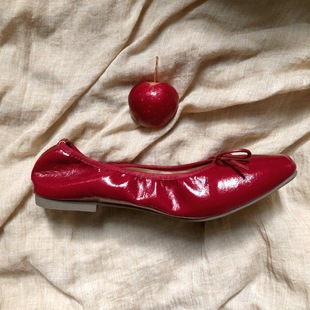 芭蕾舞鞋 橘里 法式 原创多巴胺红色方头软底蛋卷平底鞋 智熏 苹果红