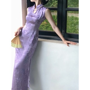 旗袍中式 东方美学国风紫色无袖 显白连衣裙国风长裙 风吟紫语 橘里