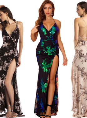 Sexy Long Evening Dress Dinner Night Sequins Low-Cut Dresses