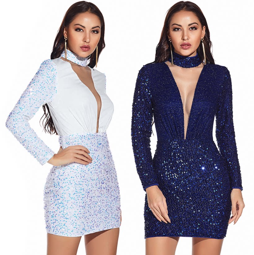 夜店性感亮片深v领连衣裙sexy sequins dress prom mini skirt