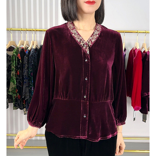 真丝绒V领刺绣纯色单排扣开衫桑蚕丝植绒大码中老年气质上衣
