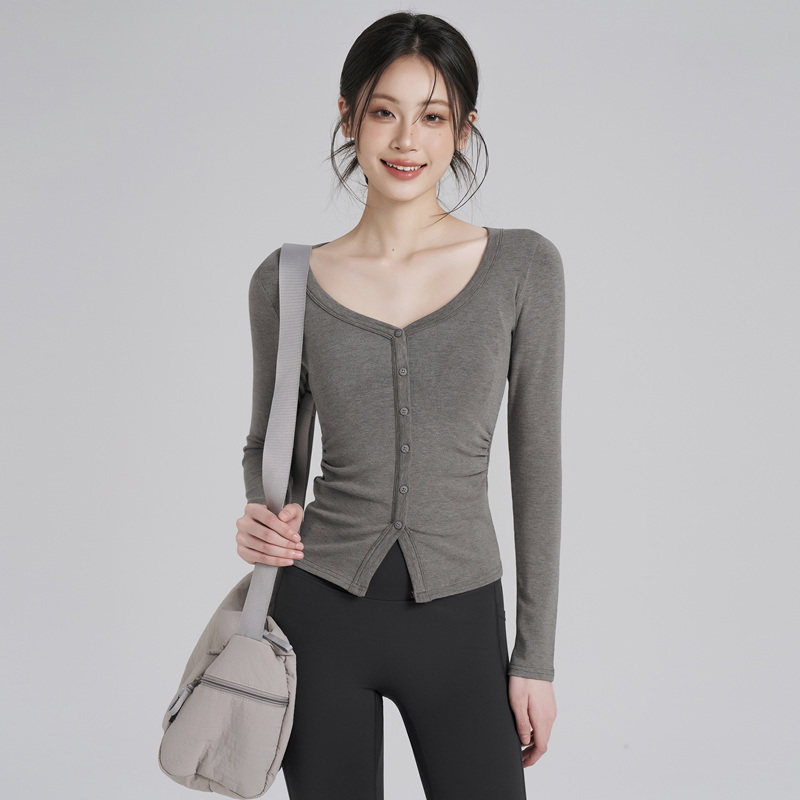 IuIu yogo瑜伽服T恤女长袖V领纽扣开衫修身收腰显瘦运动健身上衣