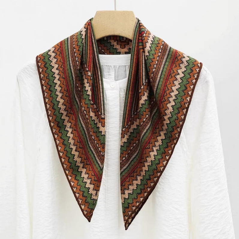 层林渐染 真丝羊毛围巾秋冬季多彩线条复古丝毛中方巾民族风丝巾