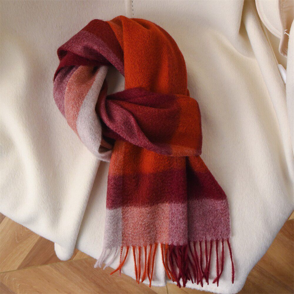 车厘子红色格子纯山羊绒围巾男女秋冬季窄版百搭保暖围脖新年送礼