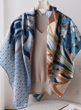 蓝色繁花 国风丝巾100%桑蚕丝围巾春秋冬真丝大方巾105cm披肩送礼