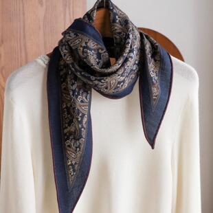 复古佩斯利丝毛丝绒菱形巾橘边腰果花围巾双面桑蚕丝羊毛丝巾领巾