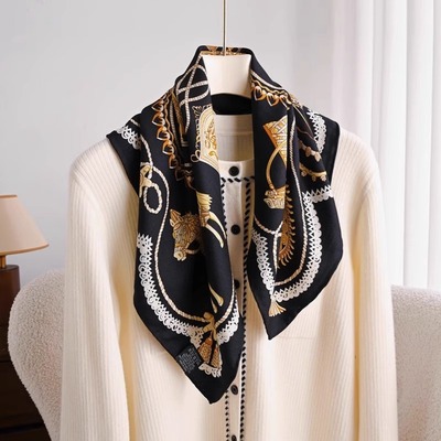 黑金卷纸马车秋冬双面丝毛中方巾百搭真丝羊毛围巾65保暖丝绒丝巾