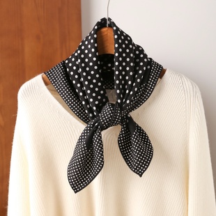 黑白波点山茶花丝毛围巾女百搭法式真丝羊毛方巾秋冬保暖丝绒披肩