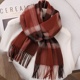 追逐日光 安可拉红色格子水波山羊绒围巾秋冬窄版百搭披肩本命年