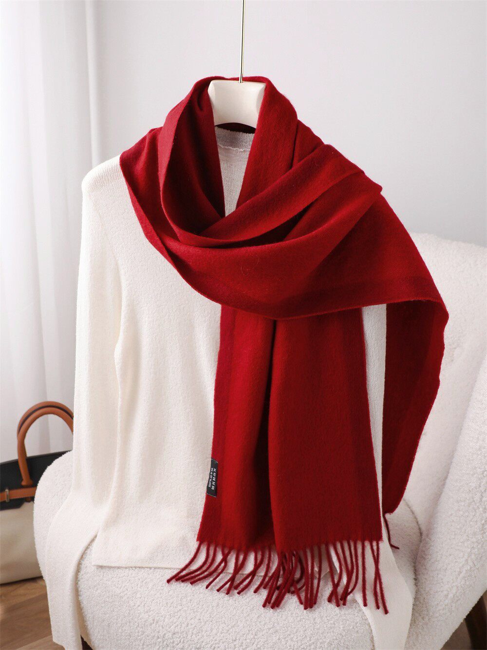 安可拉红色双面山羊绒围巾流苏窄版保暖纯色百搭围脖男女过年送礼
