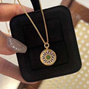 意大利手工拉丝工艺天然碧玉纯银项链Vintage中古老钱风首饰