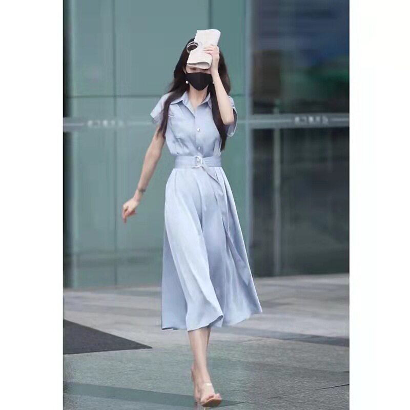 法式高级感连衣裙夏季名媛风收腰衬衫裙质感蓝色通勤裙子港风