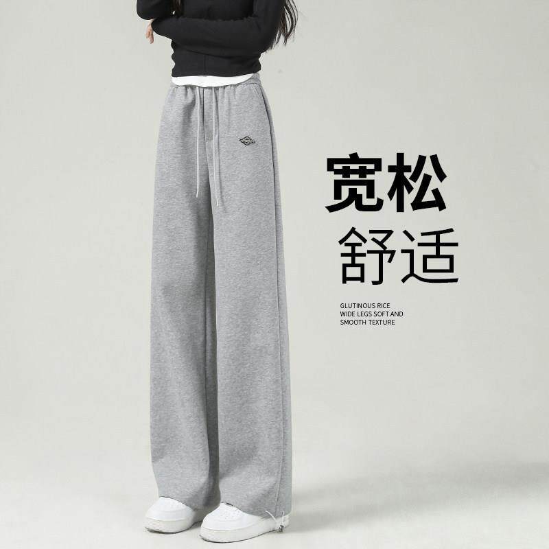 运动裤女款2026新款春秋高腰窄版直筒阔腿裤灰色束脚宽松休闲卫裤