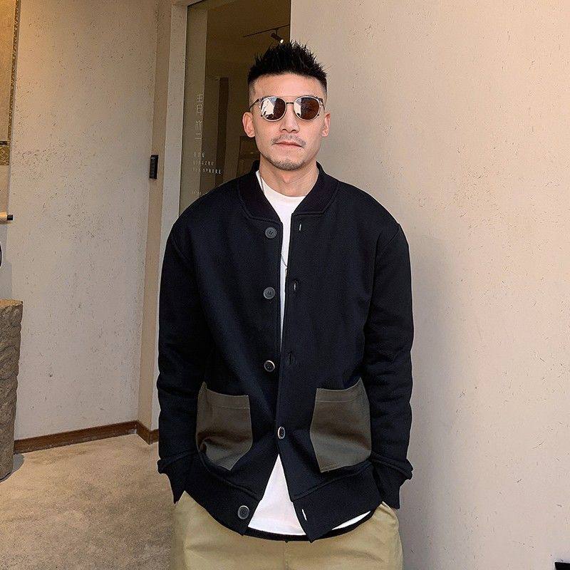 杠叔春秋季男士休闲工装拼色夹克外套无帽宽松复古上衣潮长袖潮流