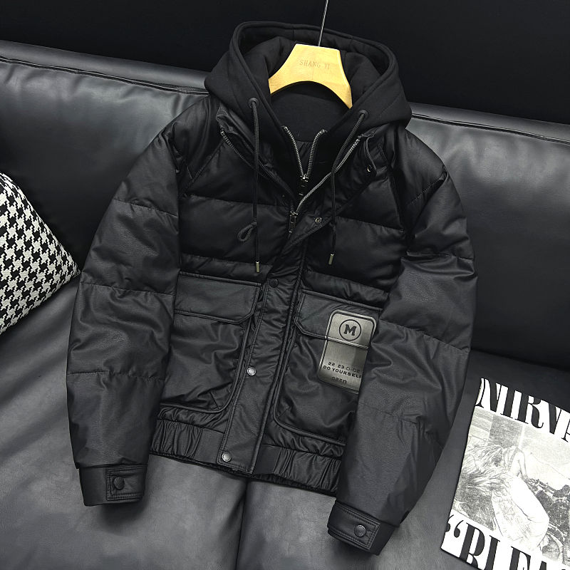 假两件连帽休闲羽绒棉服男冬季潮牌高端百搭黑色pu皮加厚棉衣外套