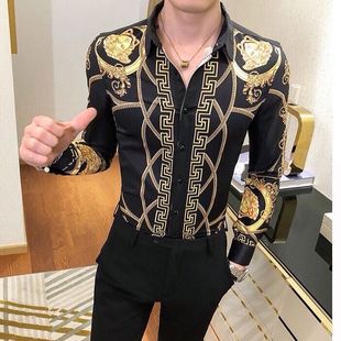 2026春秋季新款男衬衫英伦长袖上衣印花男装痞帅韩版修身潮流衬衣